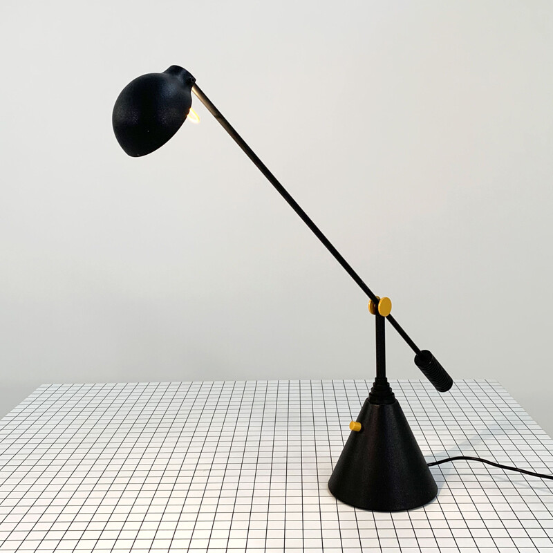 Lampe de bureau postmoderne vintage noire et jaune par Luci, 1980