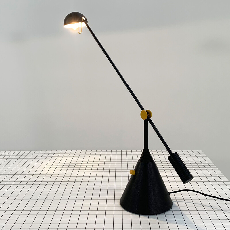 Lampe de bureau postmoderne vintage noire et jaune par Luci, 1980