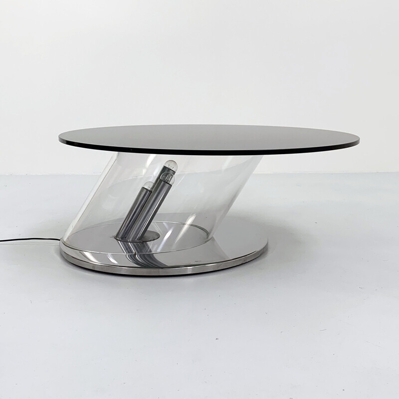 Mid cenyury coffee table with lights in plexiglass and steel, 1970s
