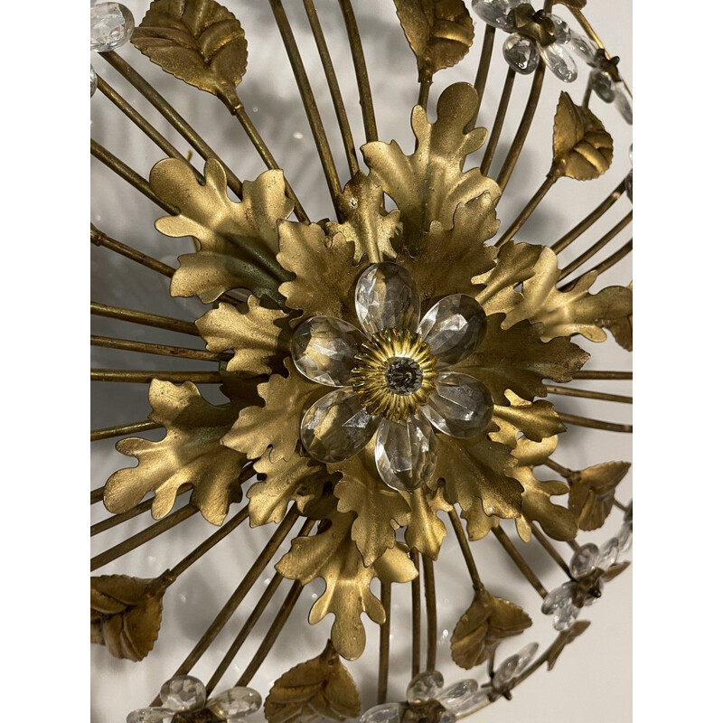 Vintage vergulde metalen plafondlamp met kristallen bloemen, Italië 1960