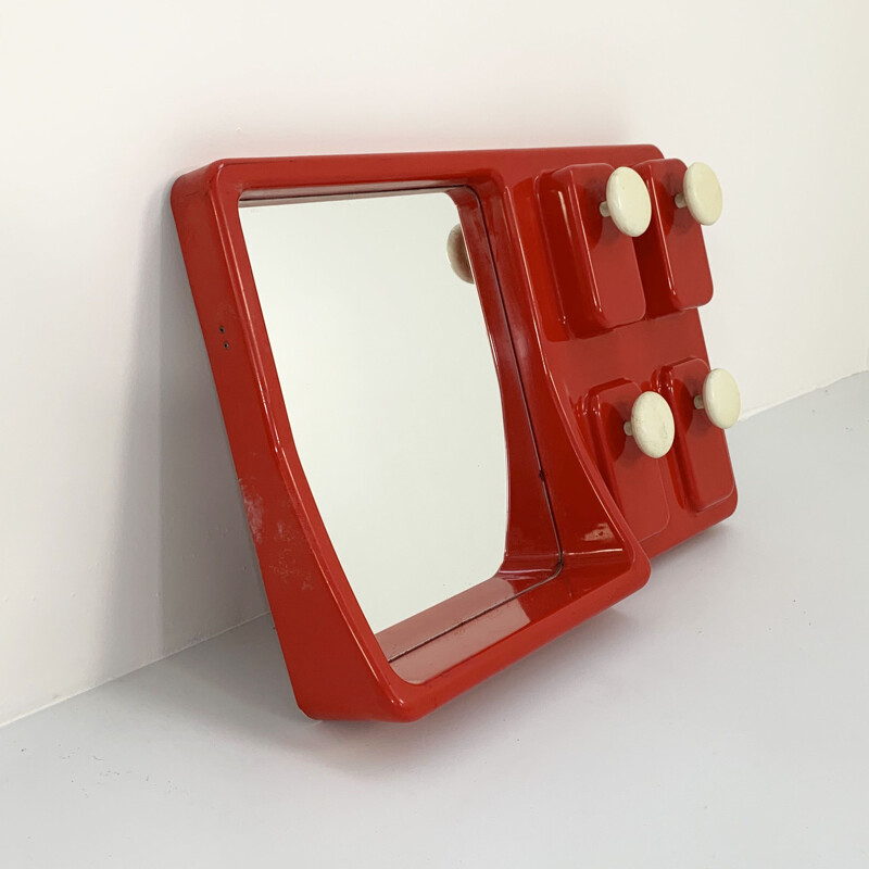 Vintage red mirror and rack, 1970s