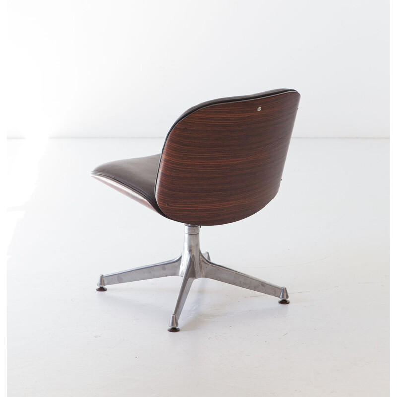 Vintage rosewood and dark brown leather desk armchair by Ico Parisi for MIM, Italy 1950s