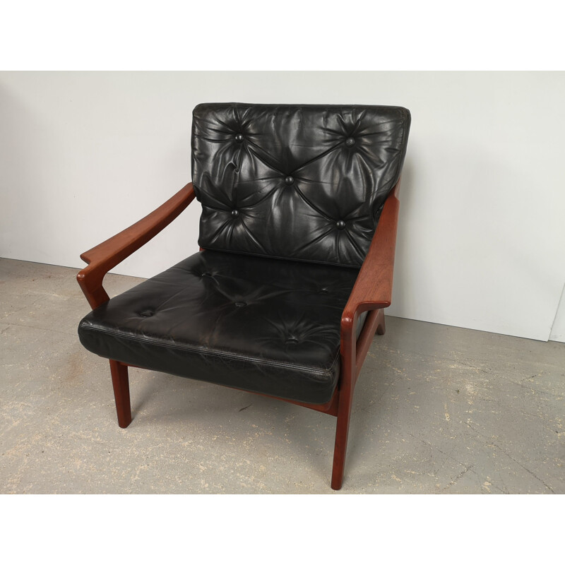 Scandinavian vintage teak and black leather armchair, 1970