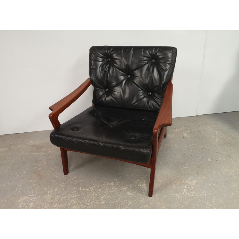 Scandinavian vintage teak and black leather armchair, 1970