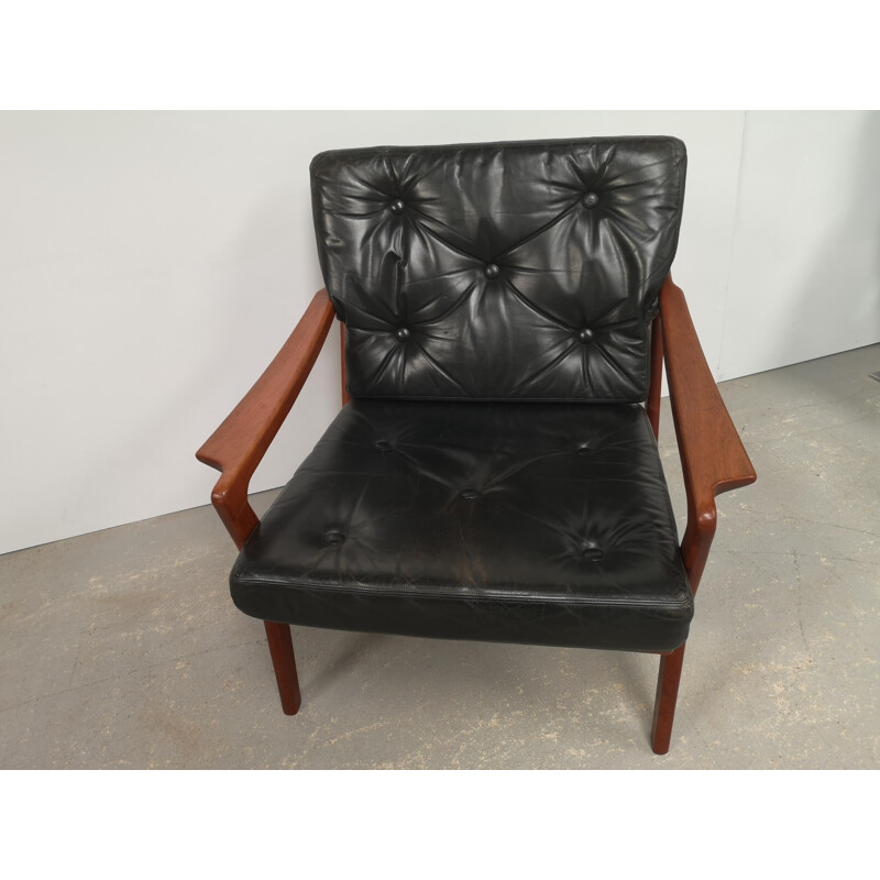 Scandinavian vintage teak and black leather armchair, 1970