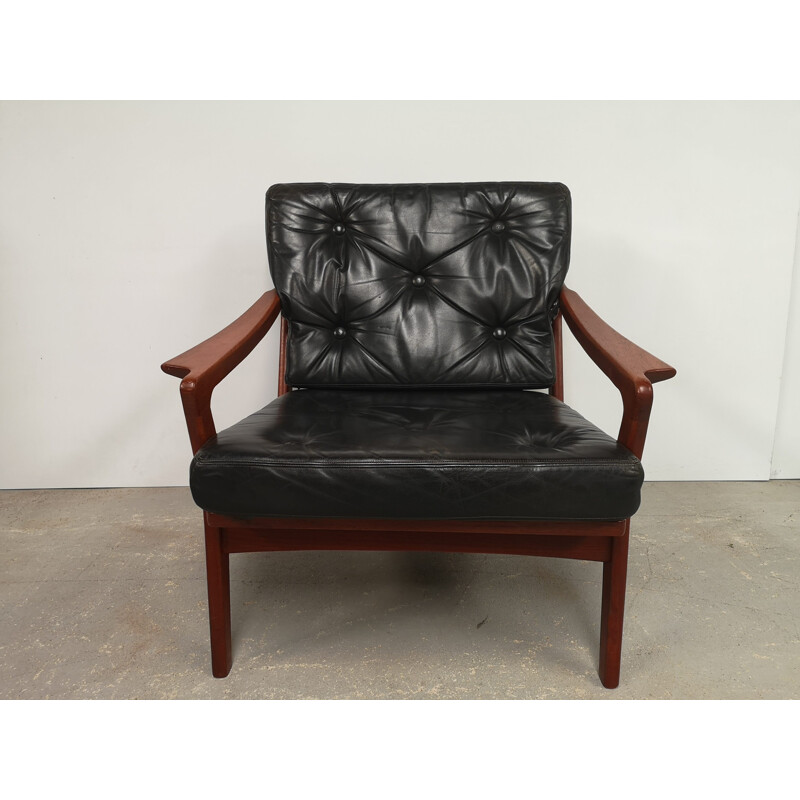 Scandinavian vintage teak and black leather armchair, 1970