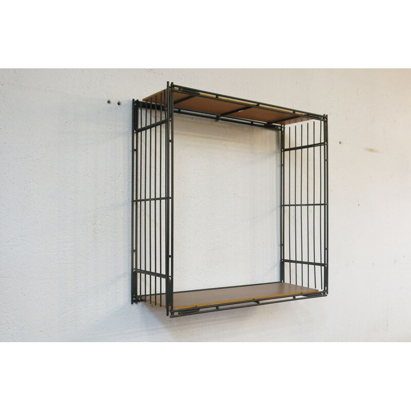 Scandinavian vintage black lacquered metal wall shelf, 1950-1960