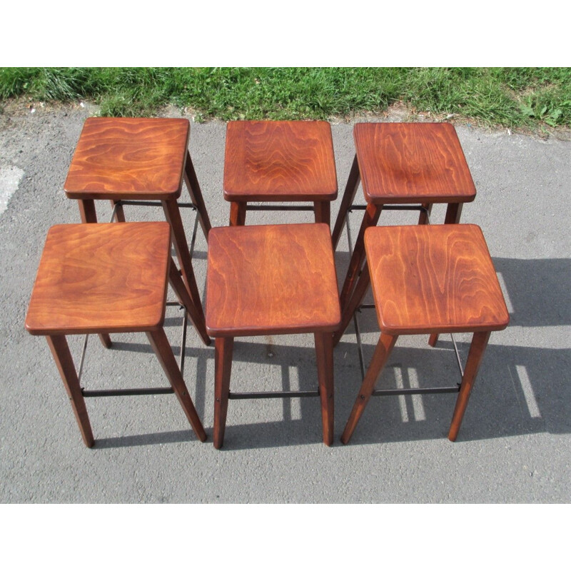 Set of 6 vintage oakwood bar stools, Spain 1960s