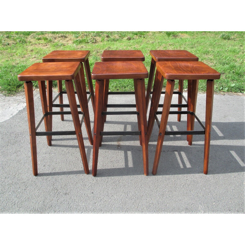 Ensemble de 6 tabourets de bar vintage en bois de chêne, Espagne 1960