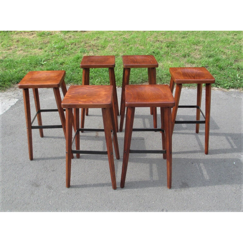 Ensemble de 6 tabourets de bar vintage en bois de chêne, Espagne 1960