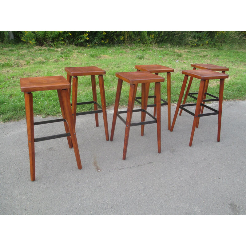 Set of 6 vintage oakwood bar stools, Spain 1960s