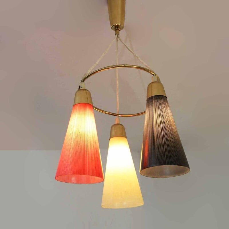 Vintage three-light chandelier in brass & Murano glass, Italy 1950