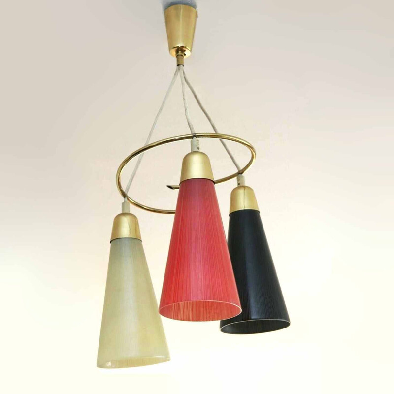 Vintage three-light chandelier in brass & Murano glass, Italy 1950