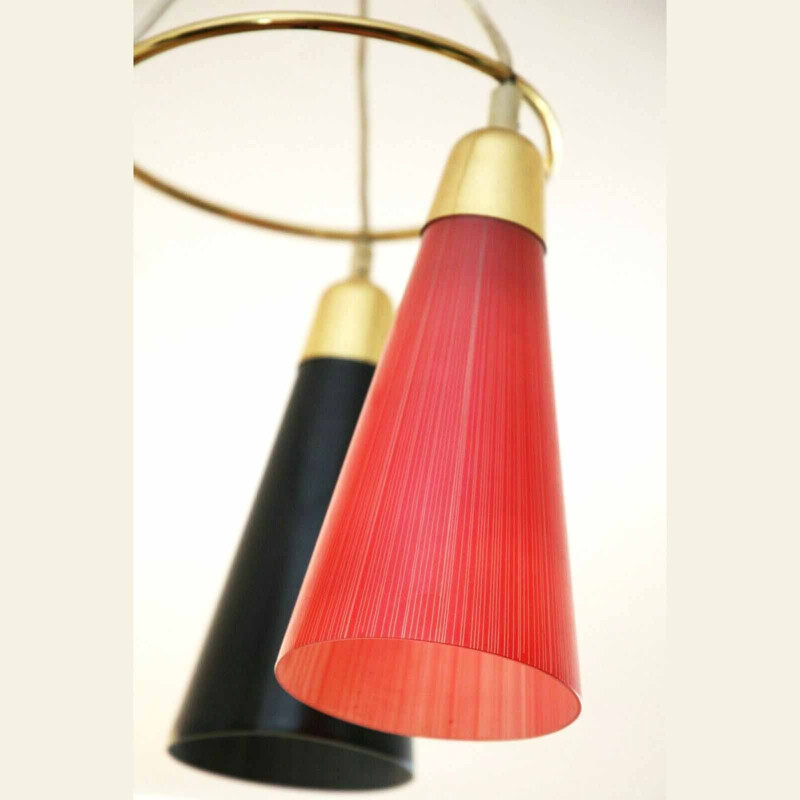 Vintage three-light chandelier in brass & Murano glass, Italy 1950