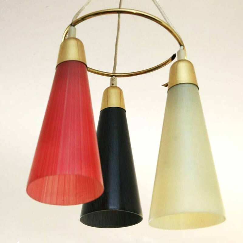 Vintage three-light chandelier in brass & Murano glass, Italy 1950