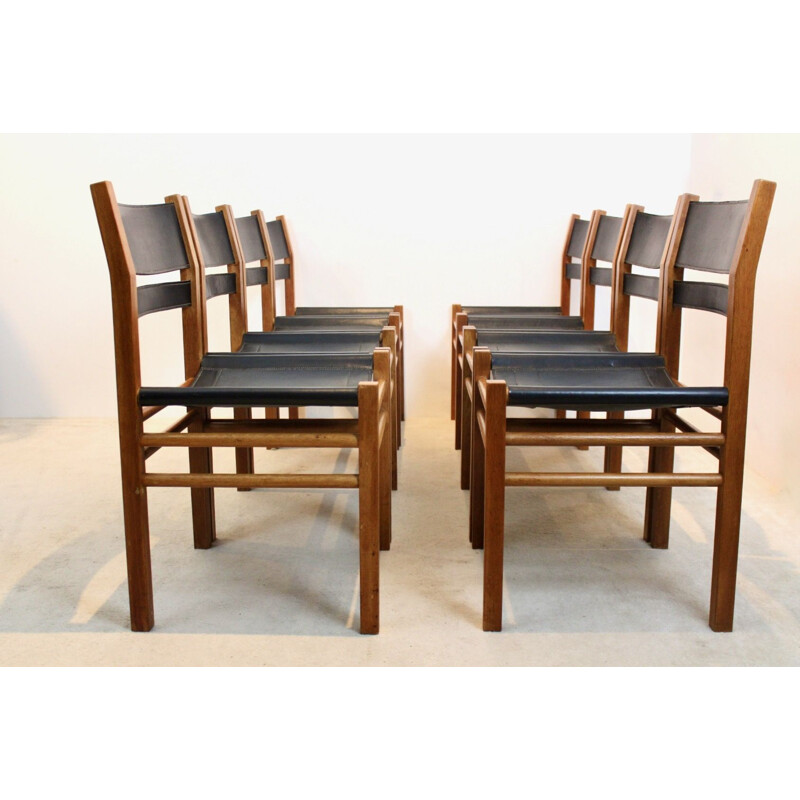 Conjunto de 8 cadeiras de carvalho e couro de sela vintage