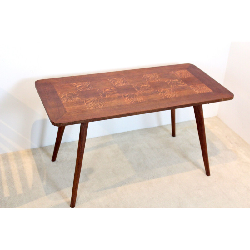 Vintage oak coffee table with veneer inlay, 1950