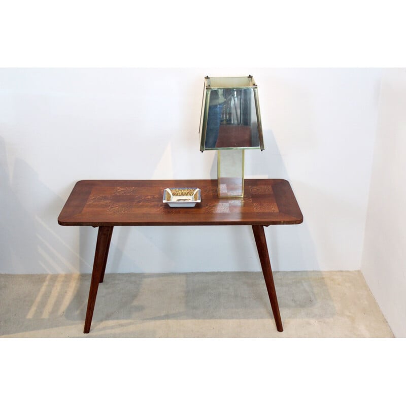 Vintage oak coffee table with veneer inlay, 1950