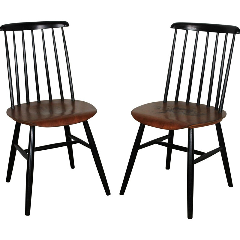 Pair of vintage Fanett beechwood and teak chairs by Ilmari Tapiovaara, Finland 1960