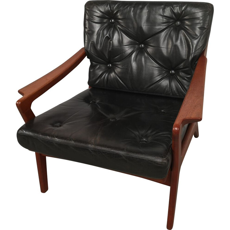 Fauteuil scandinave vintage en teck et cuir noir, 1970