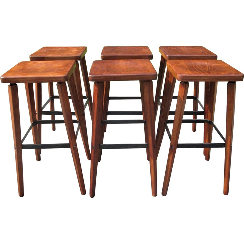 Ensemble de 6 tabourets de bar vintage en bois de chêne, Espagne 1960