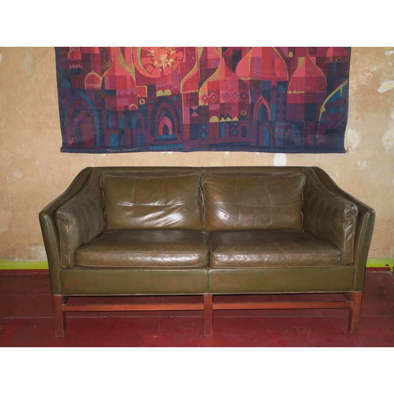 Vintage leather teak frame 2-seater sofa by Grant, Denmark 1960s