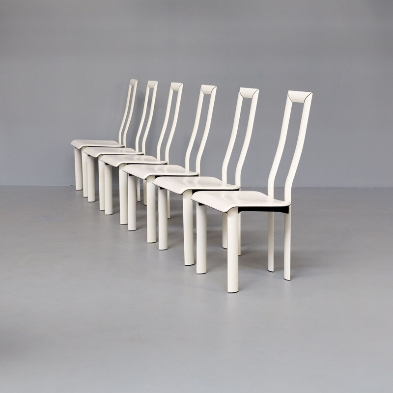 Ensemble de 6 chaises vintage à haut dossier en cuir blanc par Antonello Mosca pour Ycami, 1980