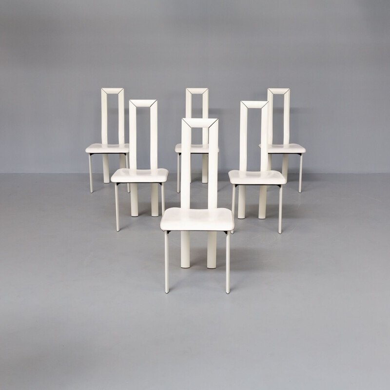 Ensemble de 6 chaises vintage à haut dossier en cuir blanc par Antonello Mosca pour Ycami, 1980