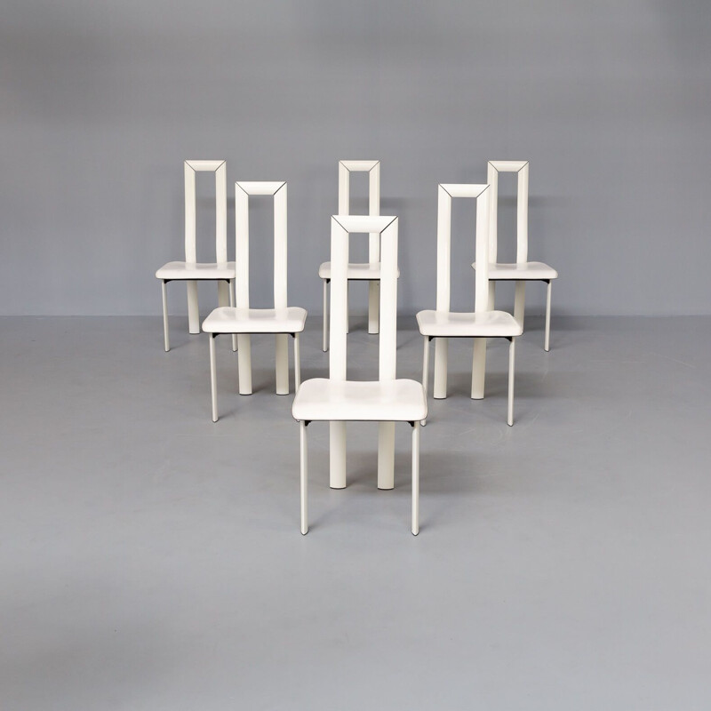Conjunto de 6 sillas vintage de respaldo alto en piel blanca de Antonello Mosca para Ycami, 1980