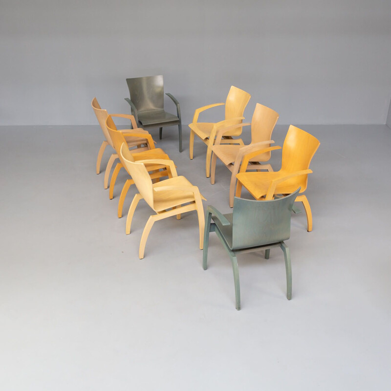 Set of 8 vintage "camarilla" plywood dining chairs by Hugo de Ruiter for Leolux, 1990s