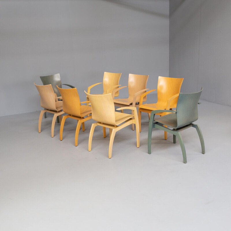 Set of 8 vintage "camarilla" plywood dining chairs by Hugo de Ruiter for Leolux, 1990s