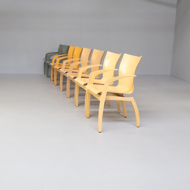 Set of 8 vintage "camarilla" plywood dining chairs by Hugo de Ruiter for Leolux, 1990s