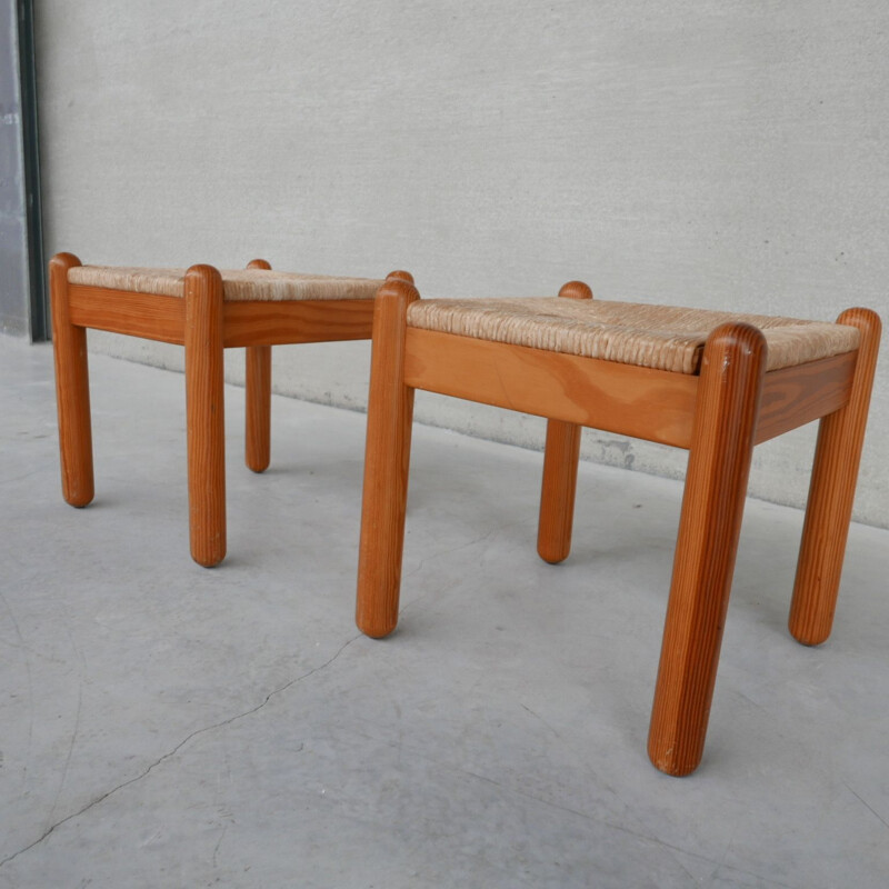 Pair of mid-century pine and rush stools, France 1960s