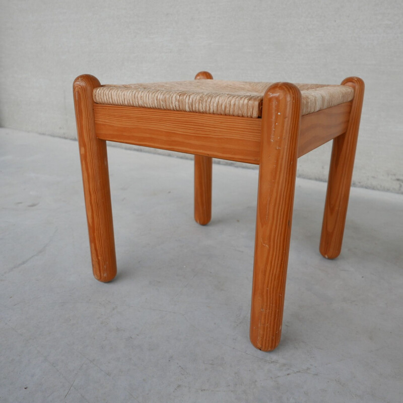 Pair of mid-century pine and rush stools, France 1960s