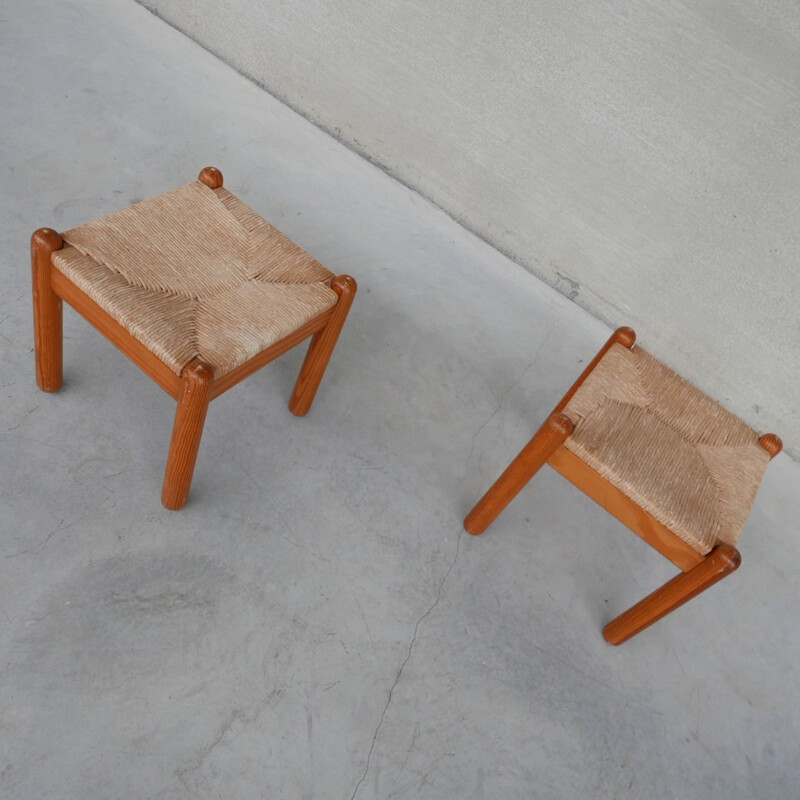 Pair of mid-century pine and rush stools, France 1960s