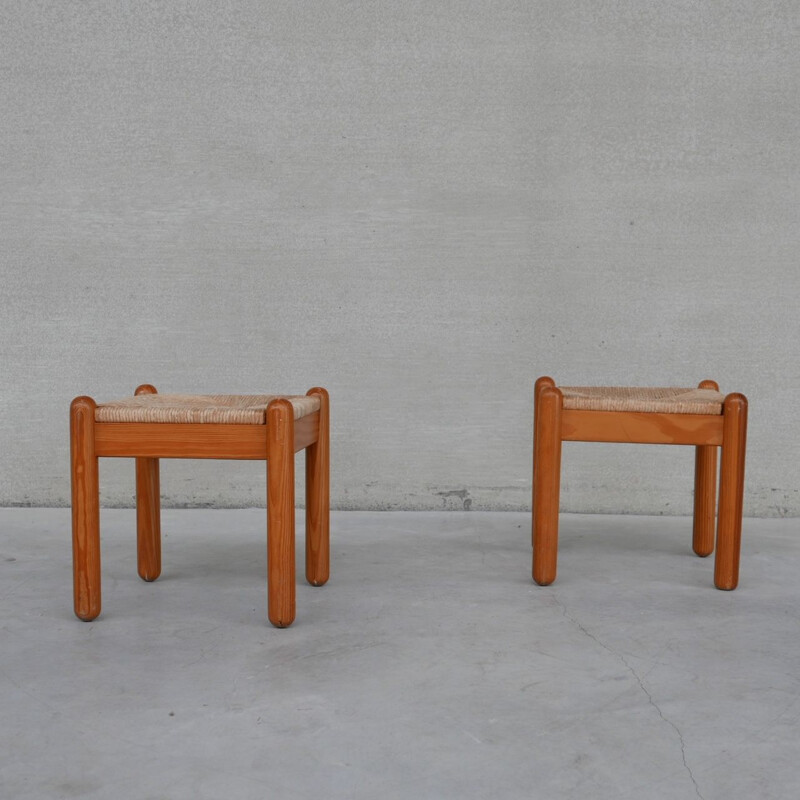 Pair of mid-century pine and rush stools, France 1960s