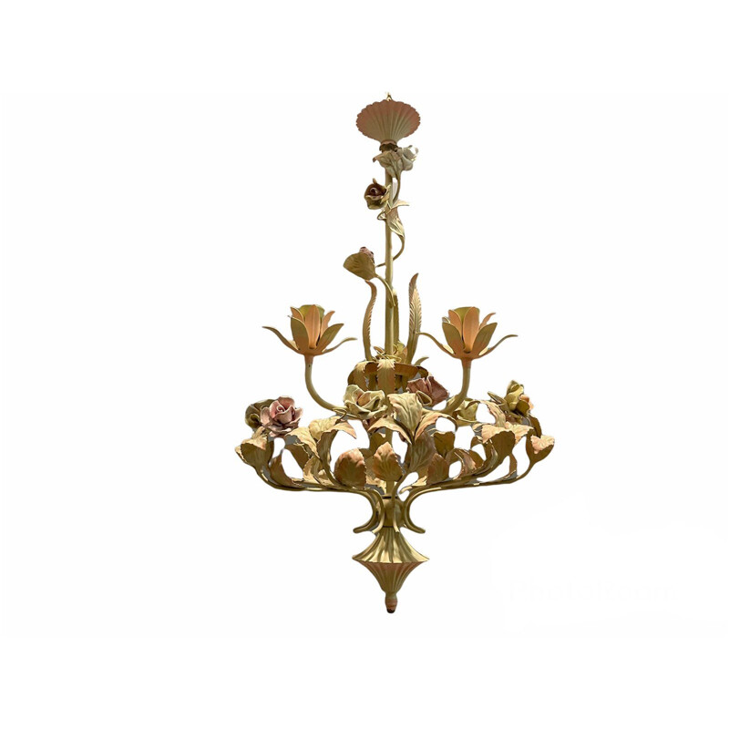 Vintage chandelier in sheet metal and ceramic rose, Italy