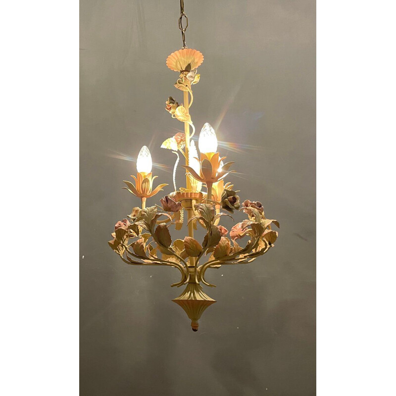 Vintage chandelier in sheet metal and ceramic rose, Italy