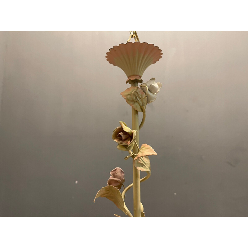 Vintage chandelier in sheet metal and ceramic rose, Italy