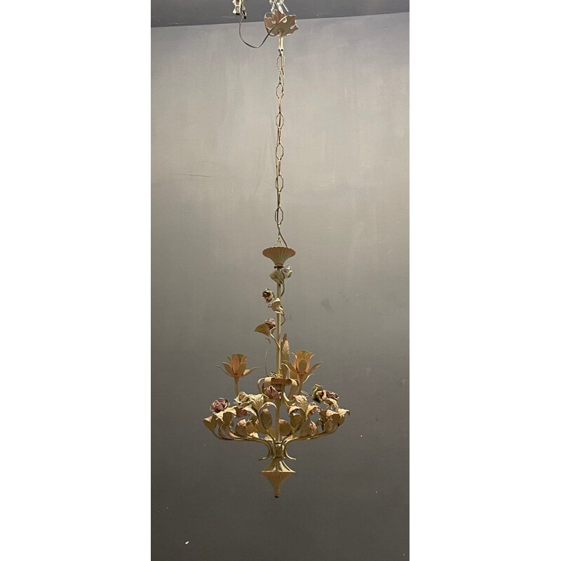 Vintage chandelier in sheet metal and ceramic rose, Italy