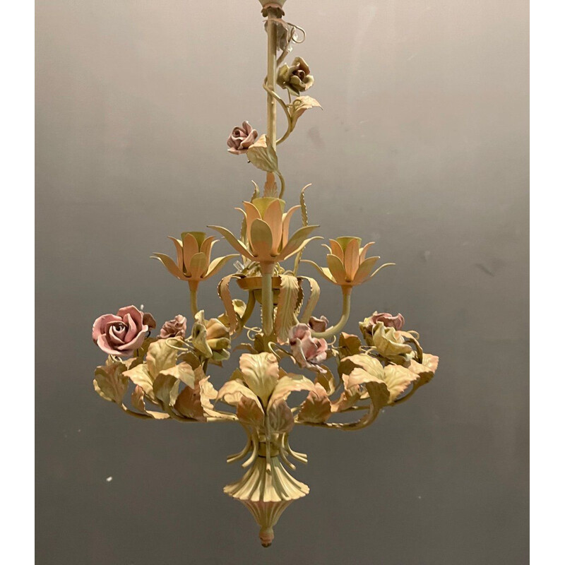 Vintage chandelier in sheet metal and ceramic rose, Italy