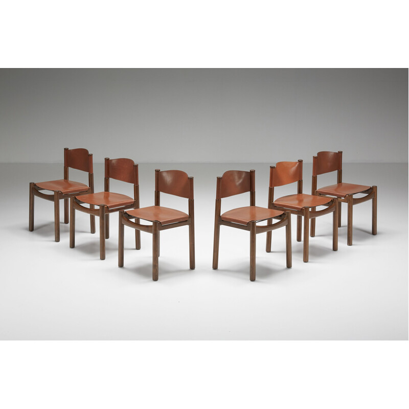 Set of 14 vintage walnut & leather dining chairs, Italy 1950s