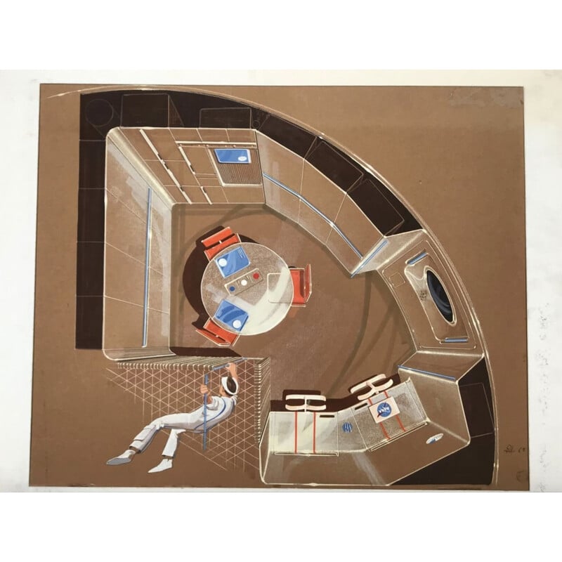 Tableau vintage "Projet de station orbitale unique et rare pour la NASA" par Raymond LOEWY