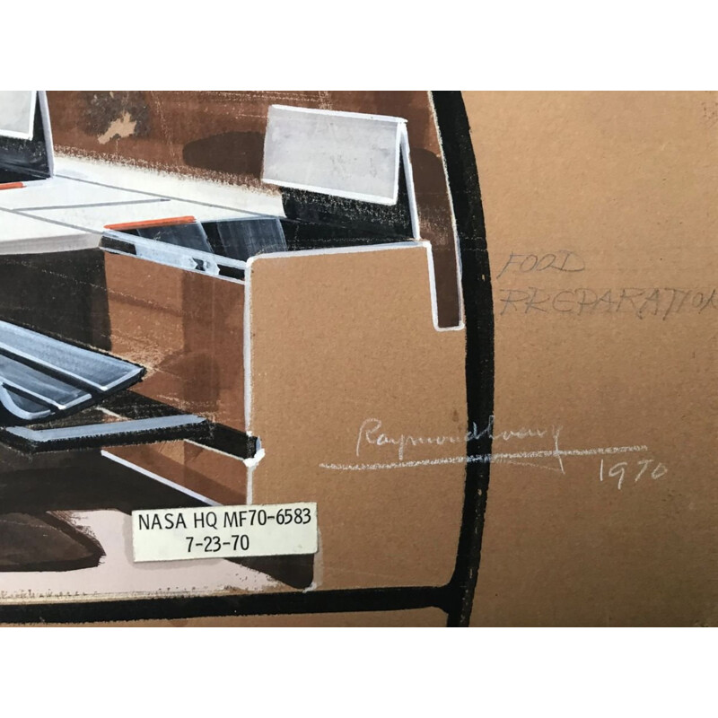 Vintage Pastel painting "Space Base Orbital Module" by Raymond LOEWY, 1970