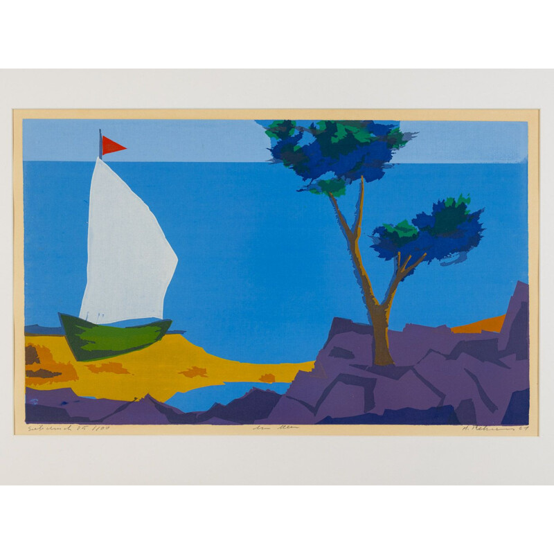 Sérigraphie colorée vintage "Bateau à voile au bord de la mer", 1961