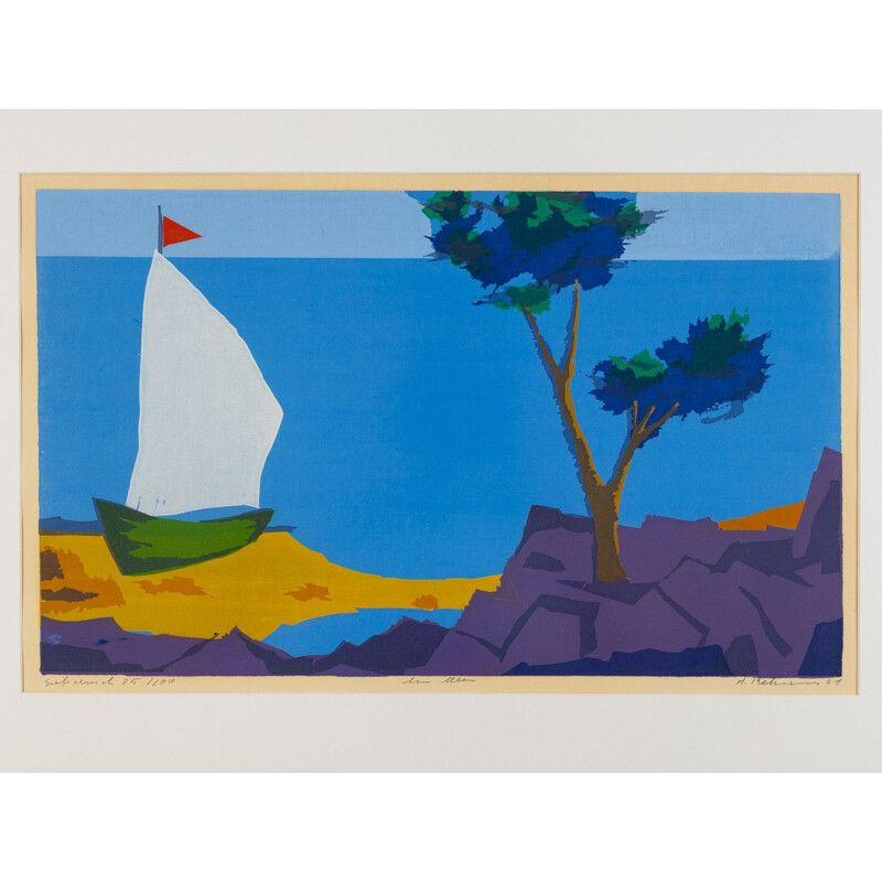 Vintage colourful screen print "Sailing Boat by the Sea", 1961