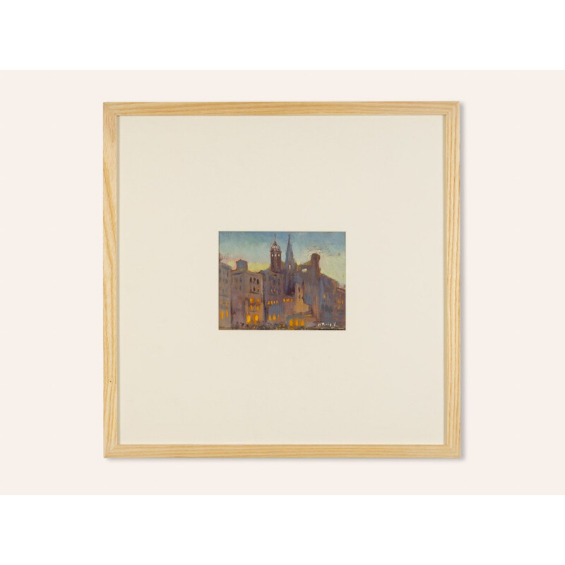 Gouache su carta d'epoca Veduta di città impressionista, 1920