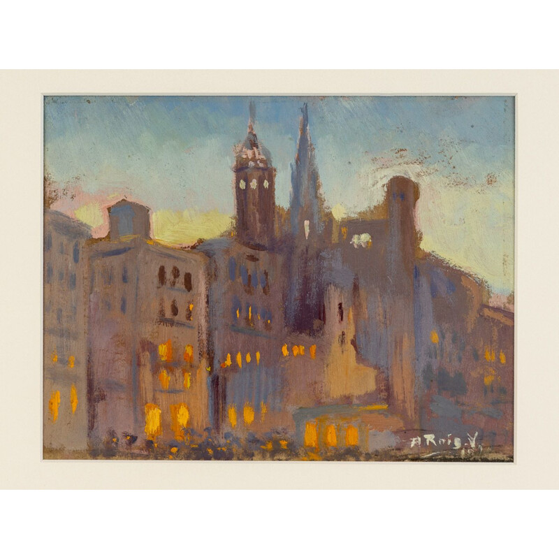 Gouache on vintage paper Impressionist city view, 1920