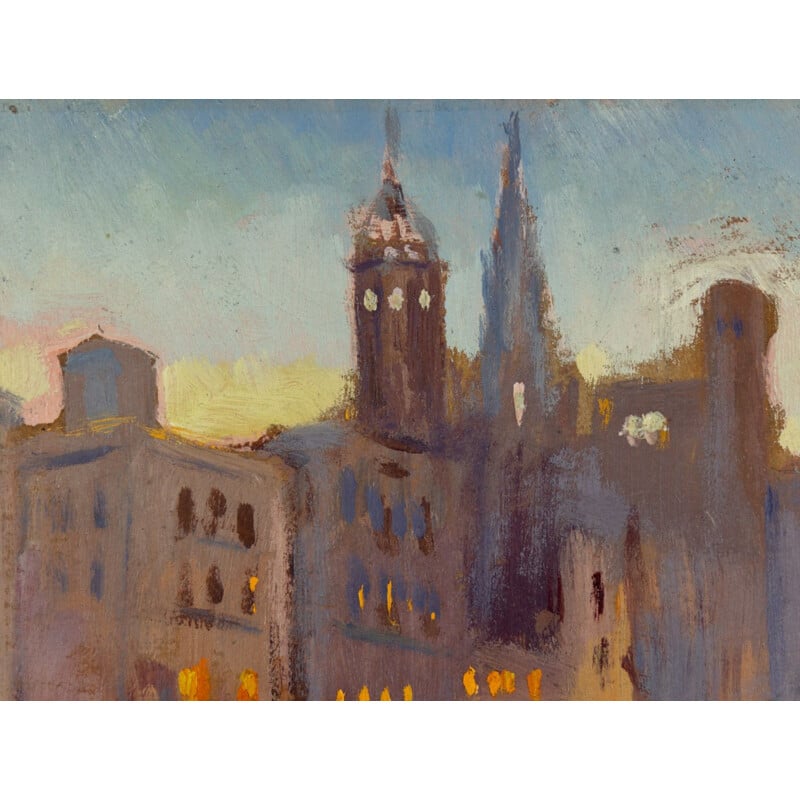 Aguada sobre papel de época Vista de ciudad impresionista, 1920