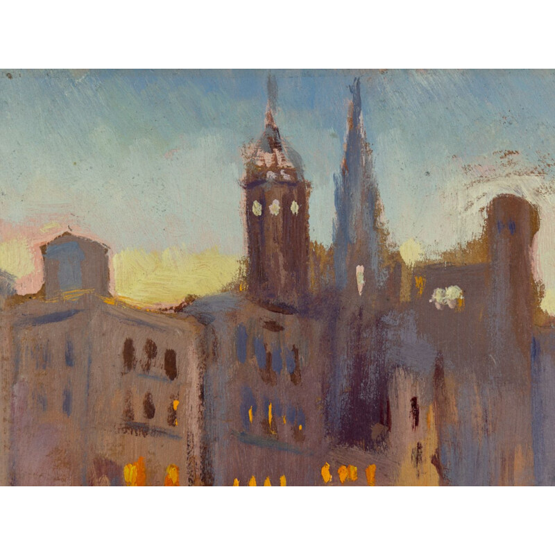 Gouache auf Vintage-Papier Impressionistische Stadtansicht, 1920